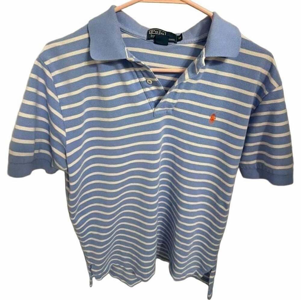 Polo Ralph Lauren Mens M Blue White Stripe Custom Fit Mesh Cotton Pony Polo